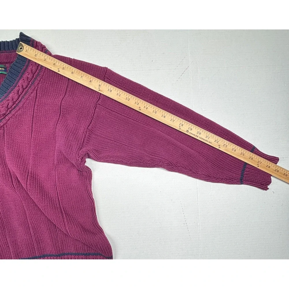 VTG John Ashford Mens Medium Cable Knit Sweater Burgundy V Neck Tennis Cotton EC